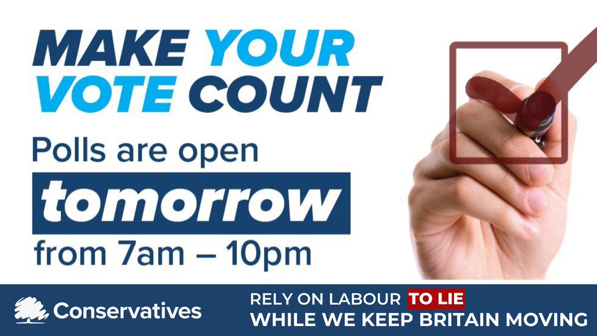 From tomorrow at 7am until 10pm, the British people have a choice and a right that they get to exercise- that power is to decide who leads your counties and councils, and that power is one of the most important.

Labour lies while the Conservatives keep Britain moving.

#VoteTory