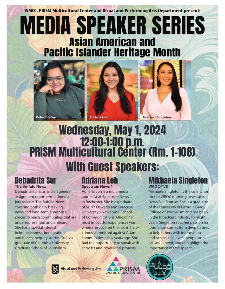 HAPPENING TODAY !!!! Come Down to the PRISM center and meet this months media speakers! Again, This is our last event for this series and you dont want to miss out! 
#mediaspeakerseries #collegeradio #wmcc