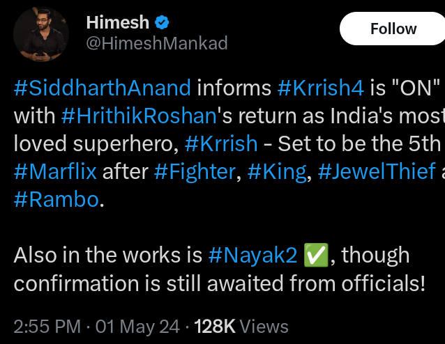 India's beloved superhero is coming back 
#HrithikRoshan𓃵
#HrithikRoshan
#Krrish4 
#SiddharthAnand 
#marflix