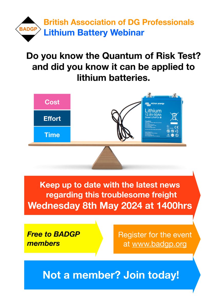 New BADGP Webinar: 'The Quantum of Risk for Lithium Batteries'
8th May, 14:00 - 15:30 BST

This webinar by Cdt.,Dirk Vande Velde will provide a general overview of lithium batteries.

More info at: badgp.org/event-5673254 
#lithiumbatteries #transport #dgsa #dangerousgoods #badgp