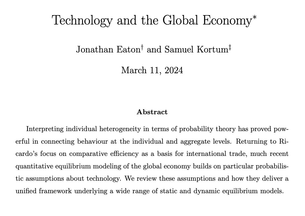 How do you incorporate rich individual-level data into frameworks that have something to say about aggregates? New work by Jonathan Eaton & Samuel Kortum: cowles.yale.edu/research/cfdp-…