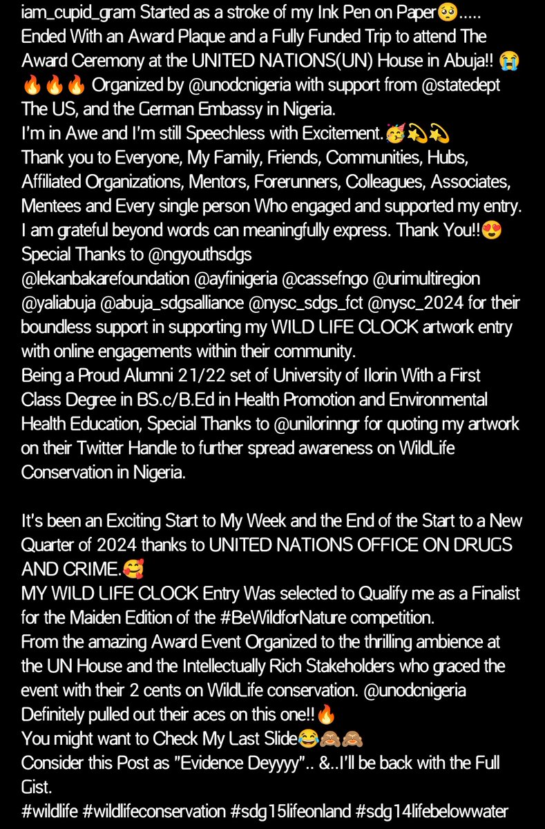Started as a stroke of my Ink Pen on Paper..... Ended With an Award Plaque and a Fully Funded Trip to attend The Award Ceremony at the UNITED NATIONS(UN) House!! 😭🥳🔥 Organized by @UNODC_Nigeria with support from The German Embassy in Nigeria @GERinNigeria & The US @StateINL