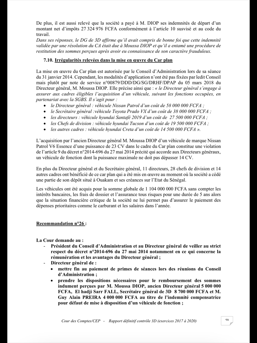 07/14 : Moussa Diop nommé DG de DDD
09/14 : Le PCA et lui, DG, signent une résolution du CA lui octroyant une indemnité -illégale- de licenciement de 75MFCFA puis 120 MFCFA en 01/19
11/20 : Licencié, il touche une 1ère tranche de 30 MFCFA de son illégale indemnité de licenciement