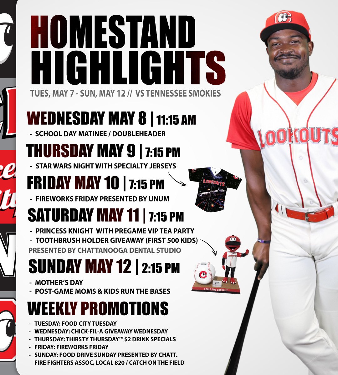 Take a 👀 at our homestand highlights for next series May 7-12 vs the Smokies! 📚School Day at 11:15am 🌟Star Wars Night with specialty jerseys 👑Princess Knight with Looie toothbrush holder bobblehead giveaway (kids only) ➕AND MORE! 🎟️: shorturl.at/bhrD0