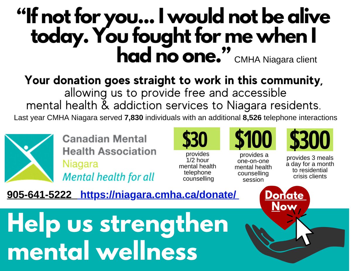 The need is real. As more and more clients turn to CMHA Niagara for mental health and addiction supports, your donation helps to ensure we are able to continue providing free and accessible services to individuals in Niagara.