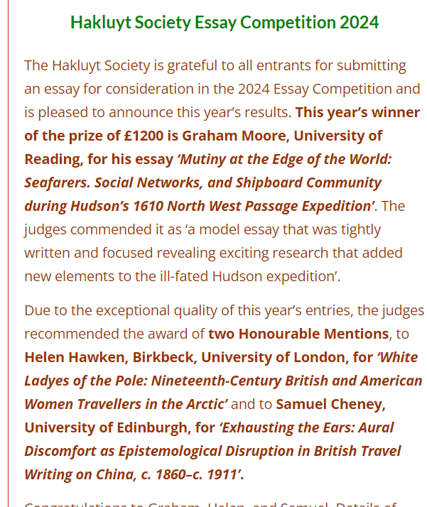 Prof Claire Jowitt - @clairejowitt.bsky.social (@clairejowitt) on Twitter photo Congratulations to the <a href="/HakluytSociety/">Hakluyt Society</a> Essay Prize winner 2024 <a href="/moregreyham/">Graham Moore</a> & with honourable mentions awarded to <a href="/helen_hawken/">Helen Hawken</a> & <a href="/SamuelCheney8/">Samuel Cheney</a>
👏👏👏 Congratulations to the <a href="/HakluytSociety/">Hakluyt Society</a> Essay Prize winner 2024 <a href="/moregreyham/">Graham Moore</a> & with honourable mentions awarded to <a href="/helen_hawken/">Helen Hawken</a> & <a href="/SamuelCheney8/">Samuel Cheney</a>
👏👏👏