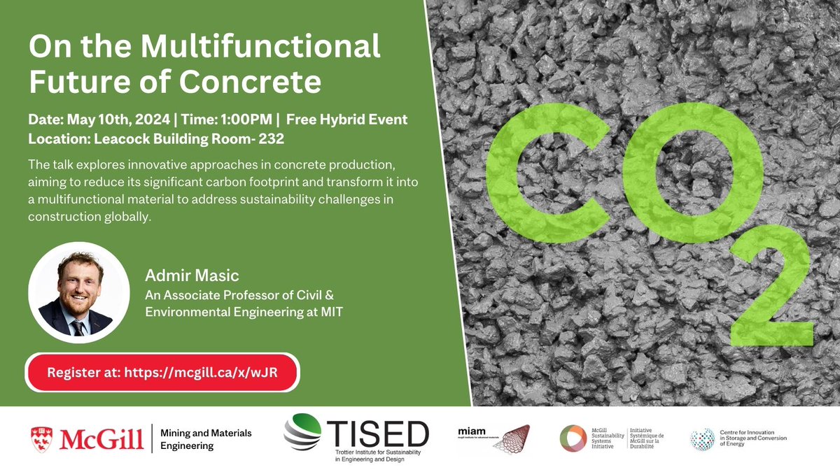 Concrete is the most widely used construction material in the world and is responsible for 8% of global CO2 emissions. Join us on May 10th for a free hybrid event that explores concrete's future and avenues for reducing its carbon footprint. @McGillTISED mcgill.ca/tised/multifun…
