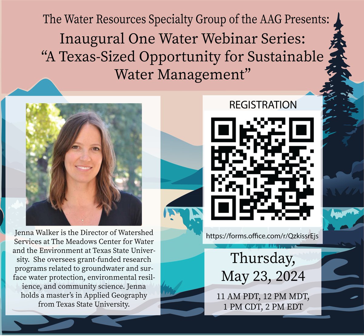 Interested in #OneWater & sustainable water mgmt? Register to join @theAAG's Water Resources Specialty Group on 5/23 for a FREE webinar feat. #MC4Water’s Jenna Walker, discussing “A Texas-Sized Opportunity for Sustainable Water Management.” RSVP: forms.office.com/r/QzkissrEjs