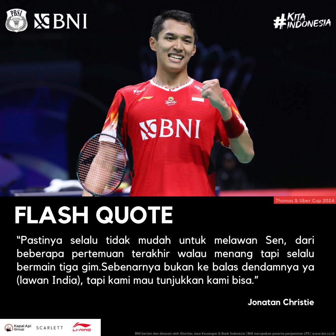 Jonatan Christie mengakui tidak mudah meraih kemenangan atas tunggal putra India, Lakshya Sen. Tekad menyumbang poin untuk tim Indonesia menjadi bahan bakar Jonatan tampil habis-habisan guna mengunci kemenangan lewat rubber game. Comeback is real! Jaga performa, Jo! 🇮🇩💯🔥…