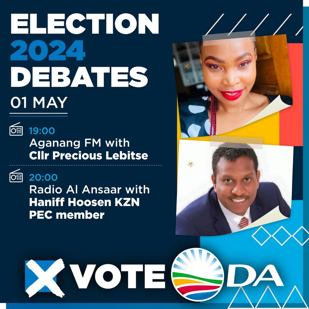 🎙️Tune in to the Election 2024 Debates live on these radio stations! Hear from the DA representatives as they unveil our solutions to #RescueSA from decay, corruption, and load-shedding. Don't miss out! 

#VoteDA