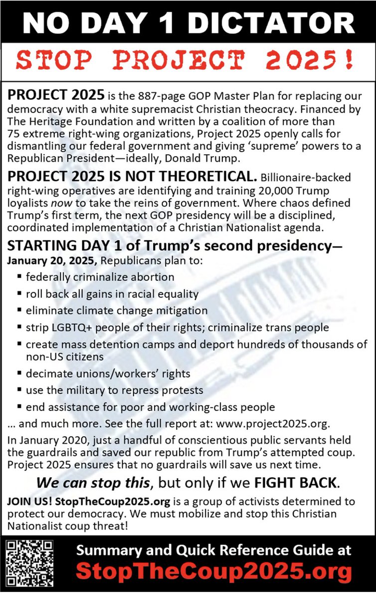 #DemVoice1 
#DemsUnited 
Project 2025 is the end of democracy and the beginning of an autocracy 

It will dismantle the Federal Government that is meant to support the American people, not control them

Trump will fill all government positions with his loyalists 

It will be the…