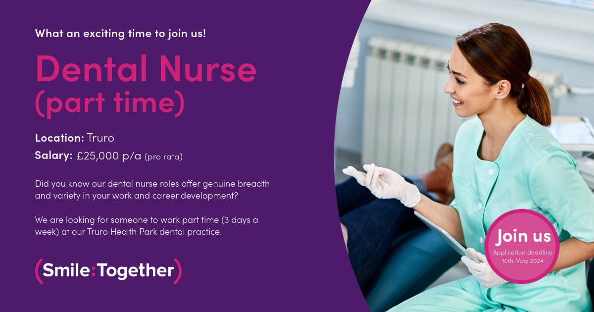 This is a fantastic opportunity for a dental nurse to join our team at Truro Health Park dental practice! Part-time role, 3 days a week🦷 #DentalNurse #TruroHealthPark #CornwallOpportunity 💼🌟

smiletogether.co.uk/careers-portal…