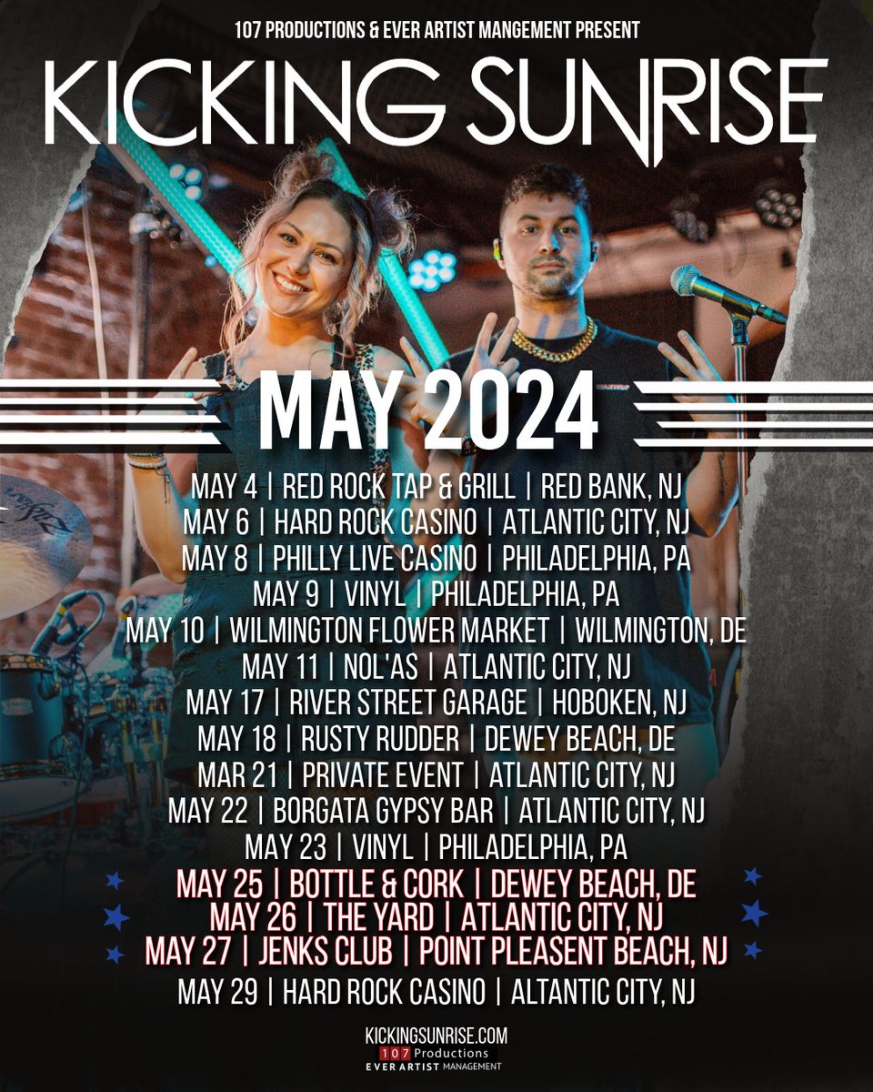 Kicking Sunrise FULL BAND SUMMER IS FINALLY HERE!! Here’s where to find us this month 👀✌️🎶 
-
Please note ***DATES AND SHOWTIMES ARE SUBJECT TO CHANGE. Updated schedule at kickingsunrise.com