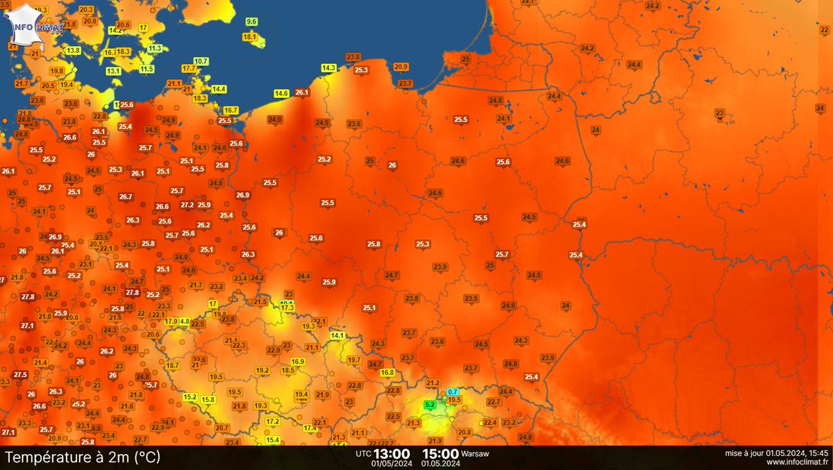 Mamy dziś kolejny  bardzo ciepły dzień. W wielu miejscach #temperatura przekracza 25 stopni Celsjusza. @IMGW_CMM @IMGWmeteo @MeteoprognozaPL 
#obserwatorzyburz #pogoda #polska #wiosna #ciepło