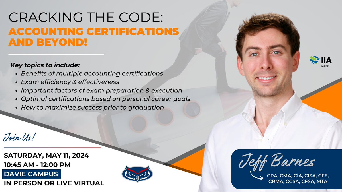 Join us for a #FAUExecEd special event featuring #Accounting Certification Juggernaut Jeff Barnes!
➡️Gain insights from a top expert.
➡️Experience the high caliber of speakers we bring in for our Executive Master of Accounting & Tax students.
➡️RSVP: tinyurl.com/25dzdfbt
