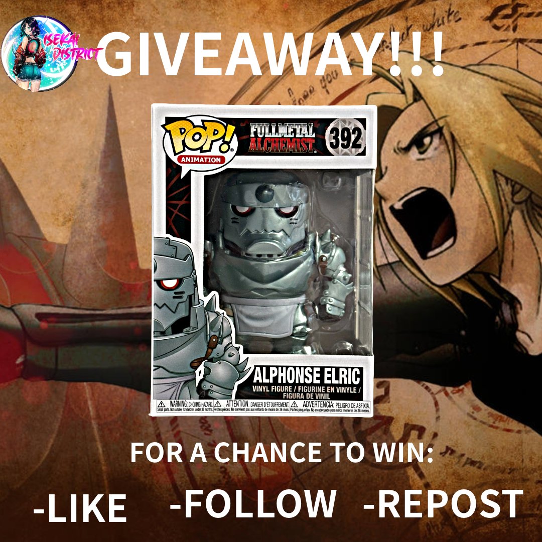 🎉 GIVEAWAY ALERT! 🎉

We are going to be giving away a Funko Fullmetal Alchemist Alphonse Elric!

For a chance to win: 
-Like
-Follow
-Repost

Like &amp; Retweet this post Good luck, otakus! 📷 Winner will be announced on May 3rd, 2024 at 8pm EST.      ***United States Only***