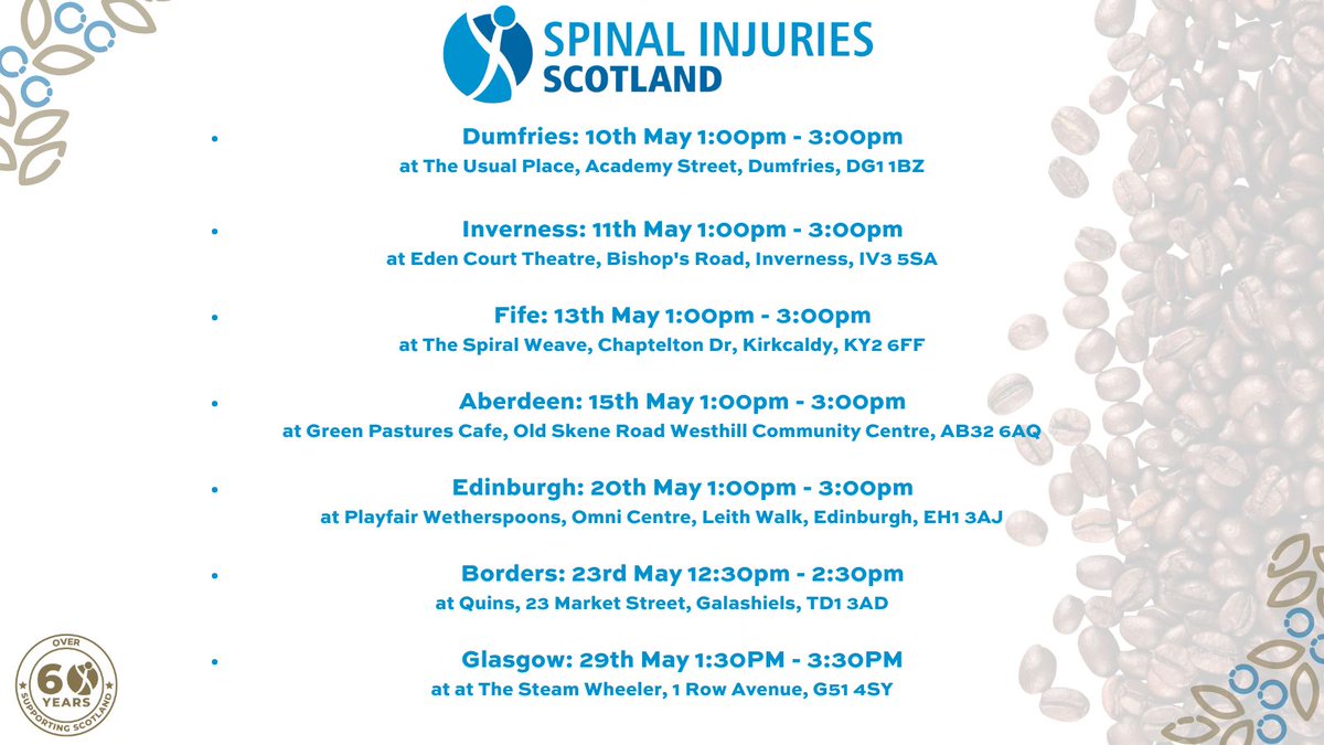 See below for the list of May Face to Face Coffee Meets. Please RSVP to the Peer Support Advisor for your area if you are interested in attending. Email addresses and latest info can be found in the link below spinalinjuriesscotland.org.uk/Event/face-to-…