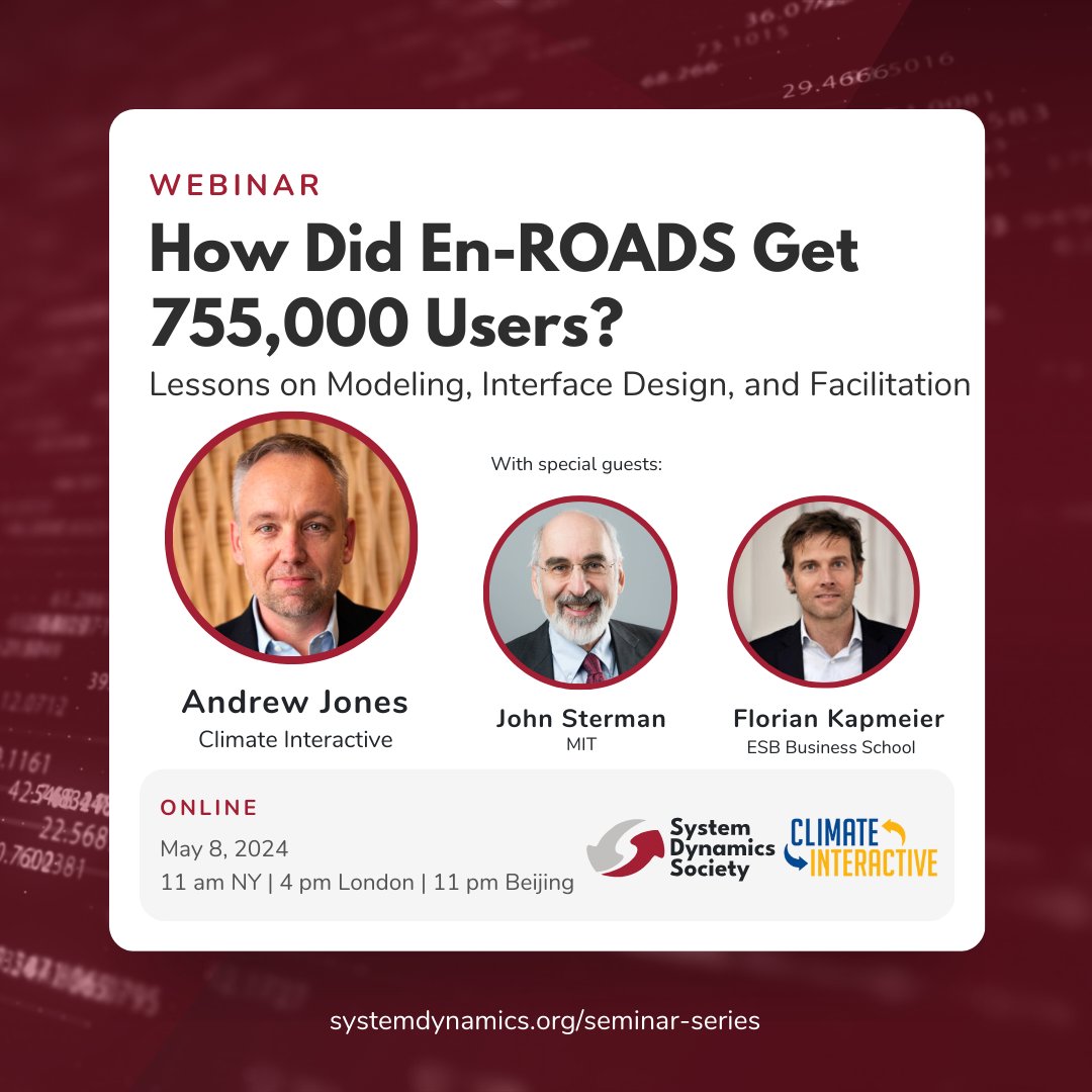 Join ED @AndrewPJones, John Sterman, and @FlorianKapmeier on May 8 at 11am EDT for a participatory webinar with @systemdynamics_ 🌟 Learn lessons on modeling, interface design, and facilitation that apply to any modeling project. Register here👉 systemdynamics.org/event/how-did-…