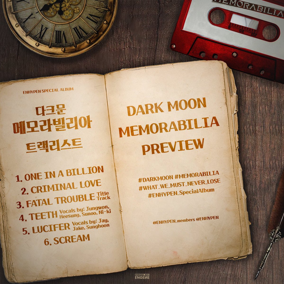 The Dark Moon will casts its enchanting glow, once again, unveiling this time the haunting preview of the nocturnal symphony. ⚔️🎶 Are you prepared to be spellbound? DARK MOON MEMORABILIA PREVIEW #DARKMOON #MEMORABILIA #ENHYPEN_SpecialAlbum #WHAT_WE_MUST_NEVER_LOSE #다크문…