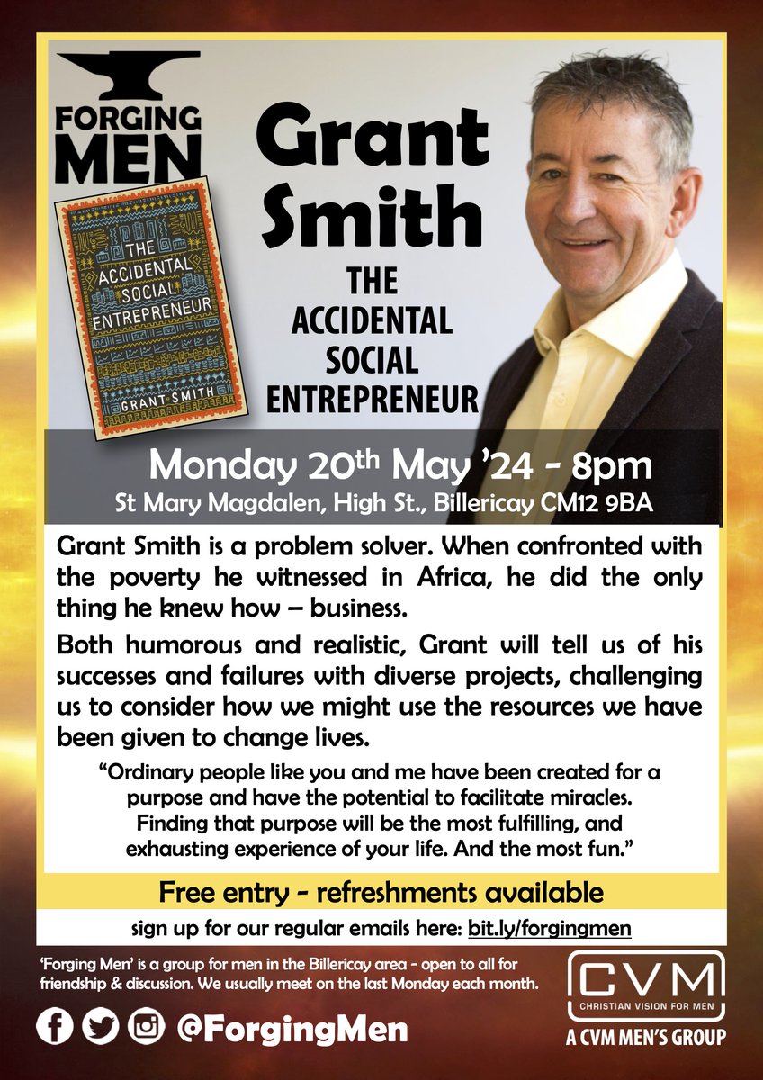 We're looking forward to <a href="/GrantMitSmith/">Grant Smith</a> coming to speak to us later this month, showing how he found a business solution to alleviate poverty in Kenya. An inspiring &amp; motivating speaker with many interesting stories to tell! Free entry, refreshments available
20 May, 8pm St Marys
