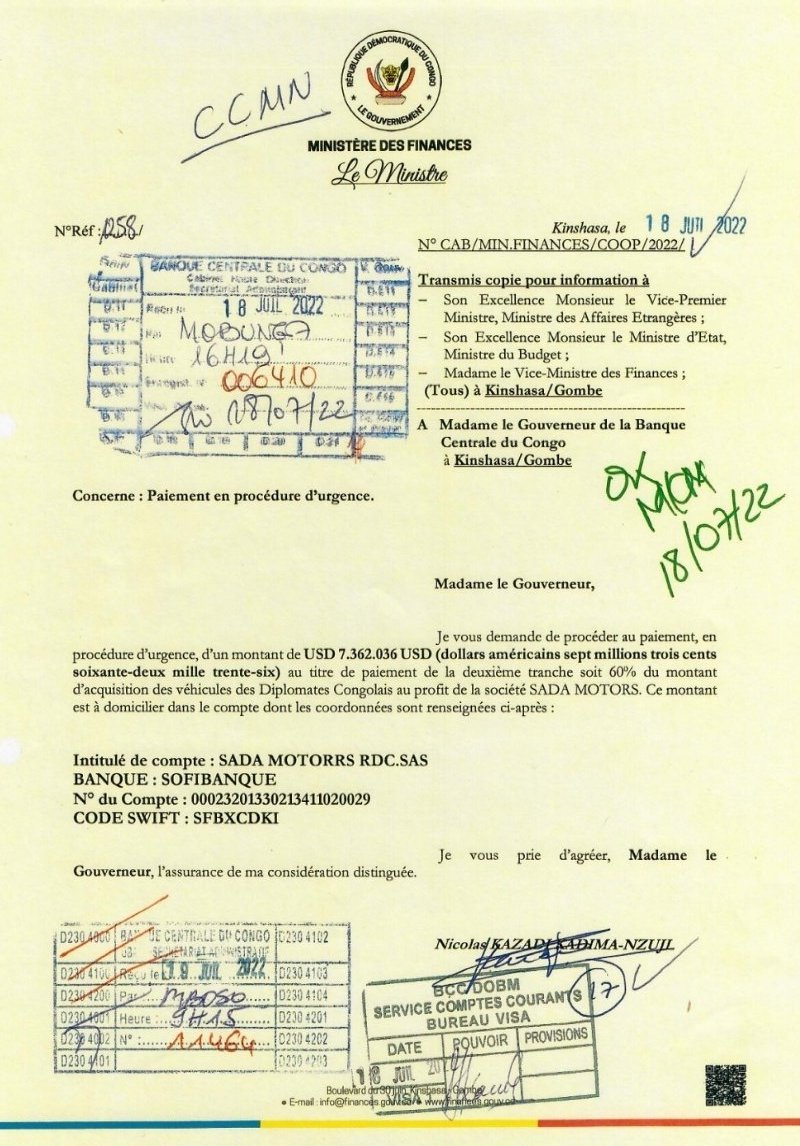 #RDC : Où en sommes-nous avec la livraison des véhicules aux ambassades RDC? commandés à SADA MOTORS à partir de Kin, prévu en 6mois? (18.188.974$) payée depuis 2022 par le Minfin @nskazadi en #procédure_urgence, 
A ce jr, 94% d'ambassades n'ont rien @IgfRdc @RDC_Minafet