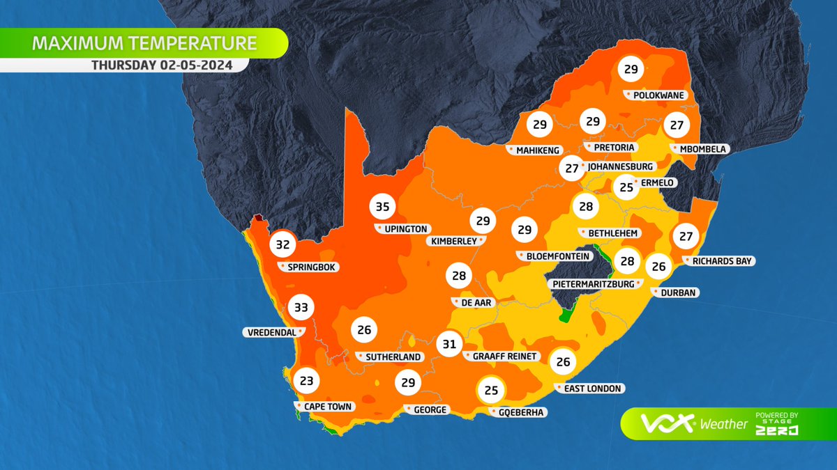 WEATHER MAPS and WARNINGS for this THURSDAY – 02 May 2024 ☀️A sunny and warm to hot day across most of SA ⚠️ NO WARNINGS by SAWS⚠️ 🔥FIRE DANGER parts of Limpopo & Cape Provinces Meteorologist Michelle Cordier will be back LIVE on Thursday at 6pm on Vox Weather #voxweather