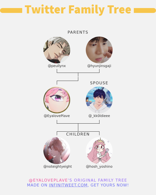 👨‍👩‍👧‍👦 My Twitter Family:
👫 Parents: @peullynx @hyunjinsgaji
👰 Spouse: @_kk0ldieee
👶 Children: @noteightyeight @hosh_yoshino

➡️ infinitytweet.me/family-tree