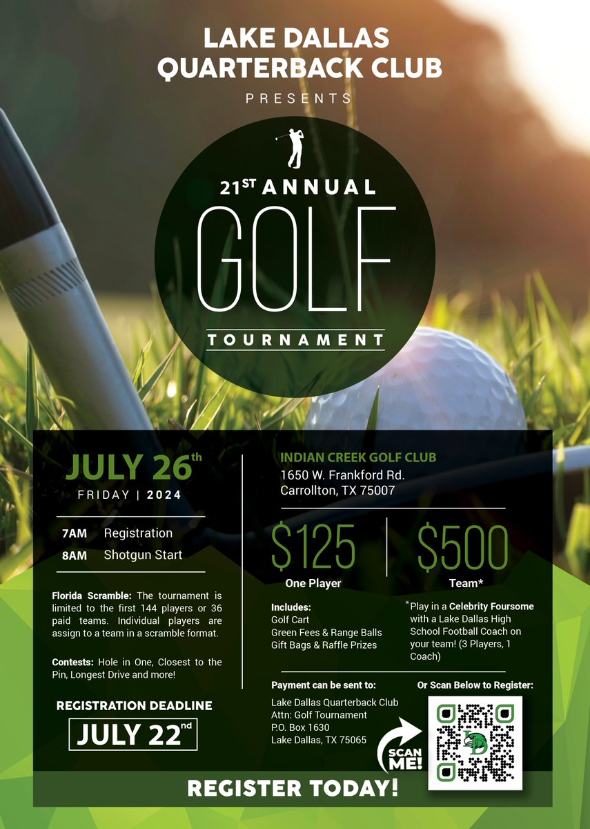 Register NOW for the Lake Dallas Quarterback Club 21st Annual Golf Tournament! Support the Falcons with a fun day of golfing and fundraising. Register here: rb.gy/7g9s5q #LakeDallasQuarterbackClub #GolfTournament #Fundraising #CommunityEvent #SupportTheFalcons