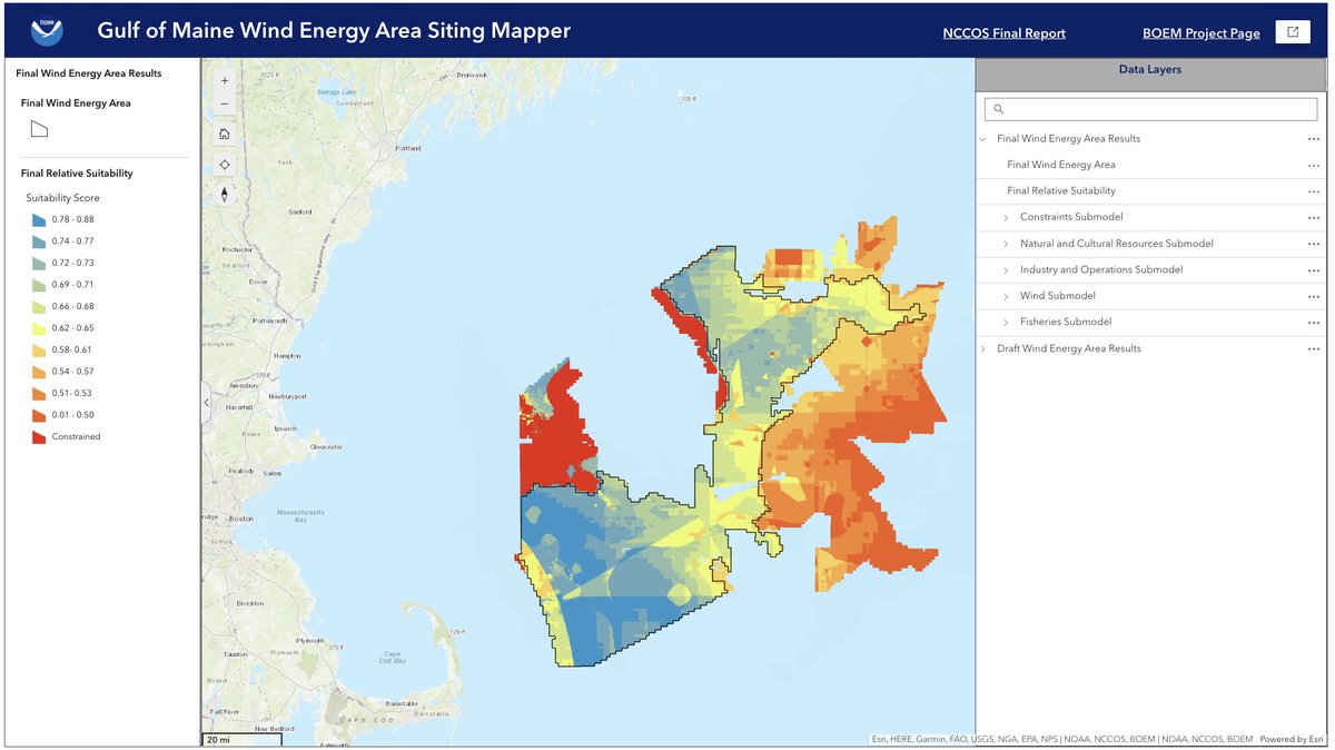 New release (collaboration w/ @BOEM): an interactive StoryMap exploring offshore #WindEnergy siting in the #GulfofMaine. Learn about the evolution from the original Call Area to Final Wind Energy Area and how conflicts w/ other ocean uses were minimized. storymaps.arcgis.com/stories/771b8c…