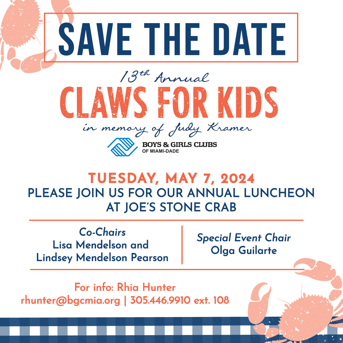We're a week away from #BGCMIA's 'Claws for Kids' at @joesstonecrab. The event will kick off with a cocktail reception at 11 a.m. Guests will enjoy stone crabs and other signature items. The fundraising lunch is one of the last chances to enjoy stone crabs before the season ends.