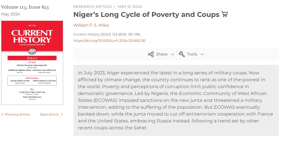 Niger’s Long Cycle of Poverty and Coups, by Bill Miles in @CurrentHistory1 online.ucpress.edu/currenthistory…