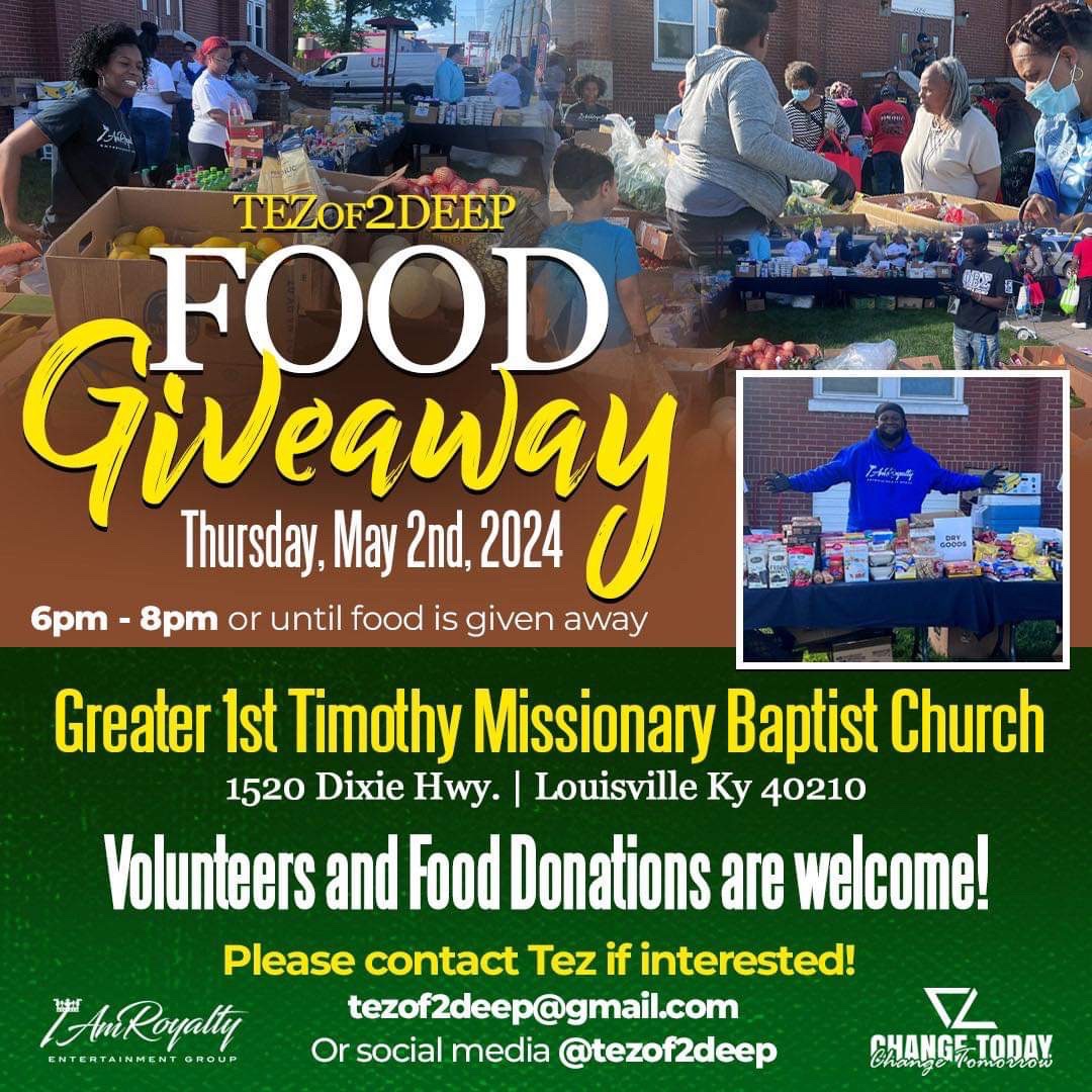 Join us on May 2nd for TEZof2Deep's Food Giveaway from 6pm-8pm! We'll be giving away free fresh groceries at the Greater 1st Timothy Missionary Baptist Church. The Feed the West pop-up will be during this time. Don't miss out