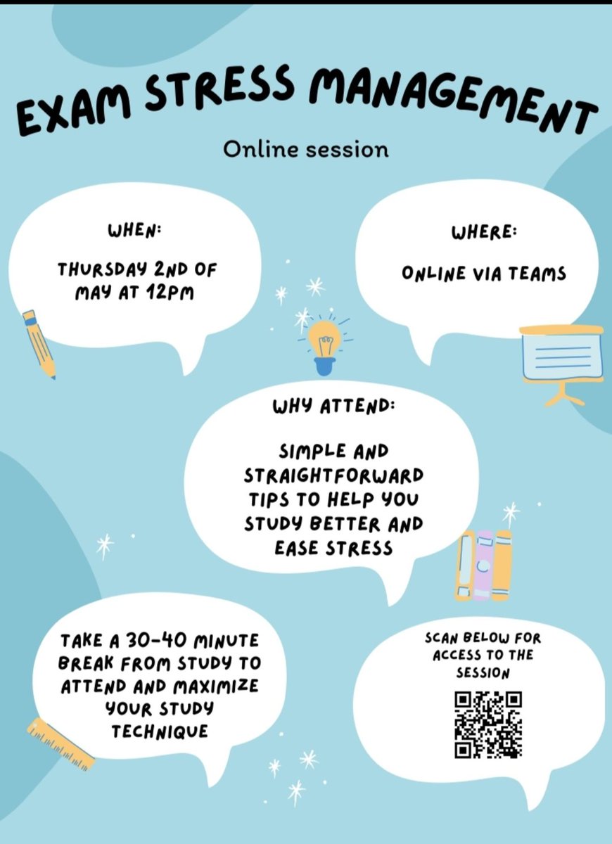 🚨 Exam Stress Management Session🚨 Tomorrow-2nd of May at 12pm via teams. Take 30 mins to to learn simple tips to study better and ease stress. Link here for access: tinyurl.com/bdsfvde7