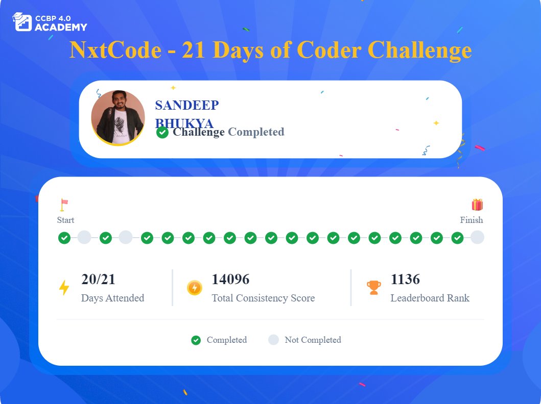 Completed the 21-day #NxtCode21DaysofCoderChallenge! 🎉
Through this challenge, I gained great confidence in my coding skills 💪
I'm looking forward to more challenges from the #NxtWave team 🚀
#NxtCode #NxtWave #CCBP #CCBPians #CCBPAcademy #NxtWaveAcademy #NxtCode21Days