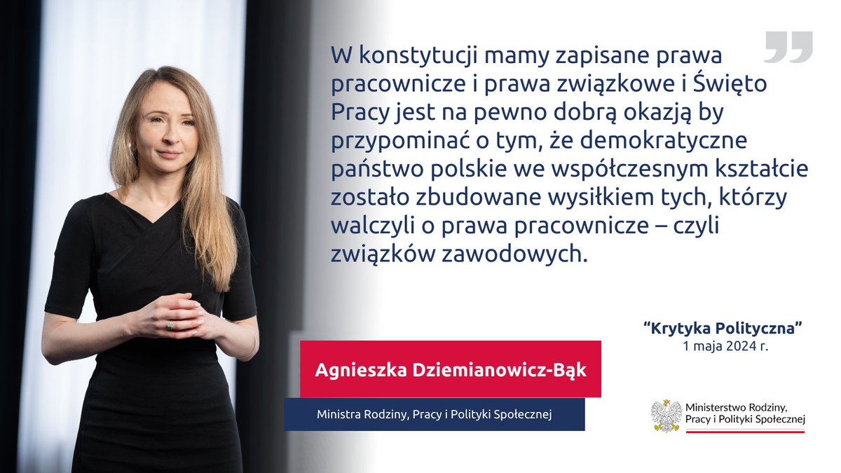 💬 Ministra @AgaBak dla @krytyka: W #Konstytucja mamy zapisane prawa pracownicze i związkowe, i #ŚwiętoPracy jest dobrą okazją by przypominać, że demokratyczne państwo polskie zostało zbudowane wysiłkiem tych, którzy walczyli o prawa pracownicze. ➡️bit.ly/MADBdlaKrytyki…