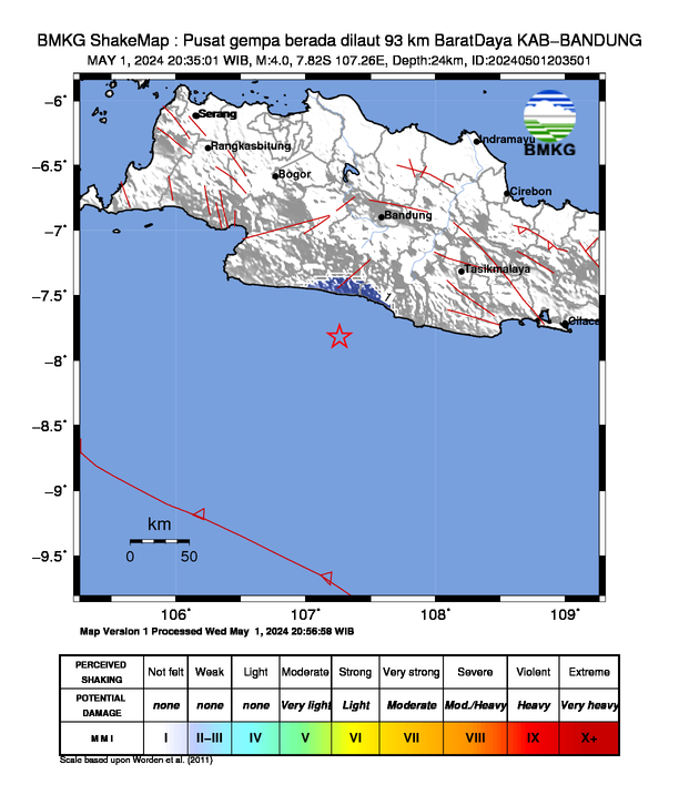 #Gempa (UPDATE) Mag:4.0, 01-Mei-24 20:35:01 WIB, Lok:7.82 LS, 107.26 BT (Pusat gempa berada dilaut 93 km BaratDaya KAB-BANDUNG), Kedlmn:24 Km Dirasakan (MMI) III Cidora, III Pamengpeuk, III Cisewu, III Bungbulang, III Singaparna, III Talegong, II Cikajang, II Pamulihan #BMKG