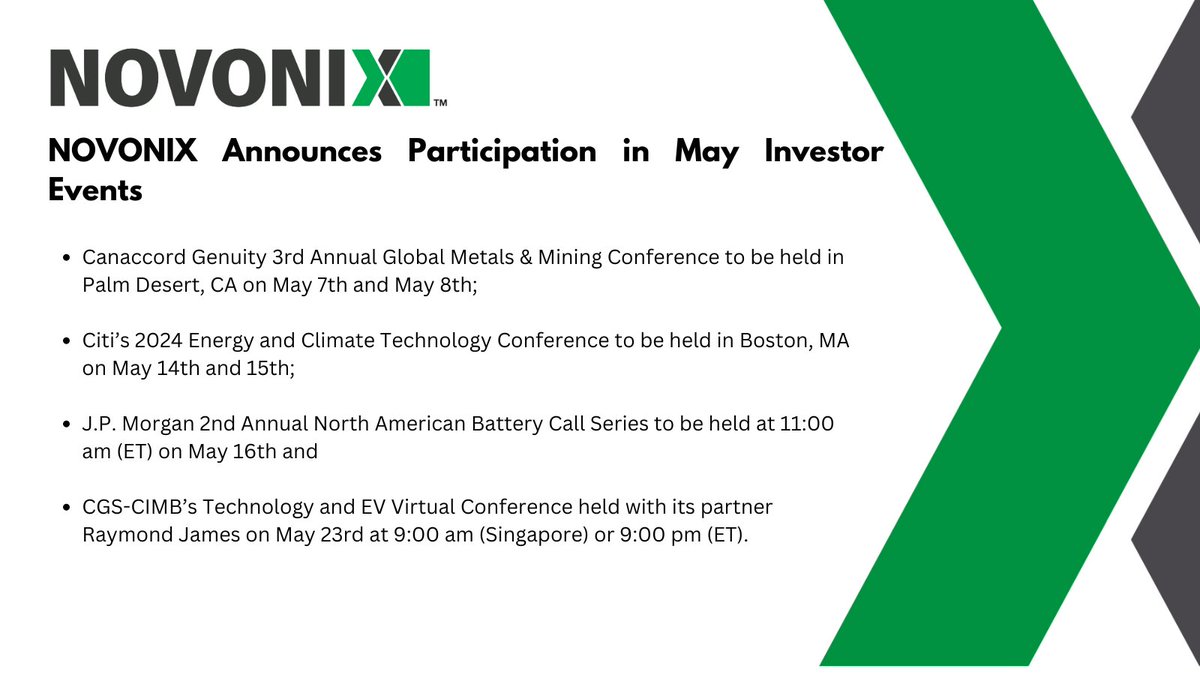 Engage with #NOVONIX at investor events in May. Materials will be made available prior to events on NOVONIX's Investor Relations website.

Read more here:
hubs.li/Q02vH1QZ0

#EV #batterymaterials #cleanenergy #sustainability #electricvehicles $NVX #batterysupplychain