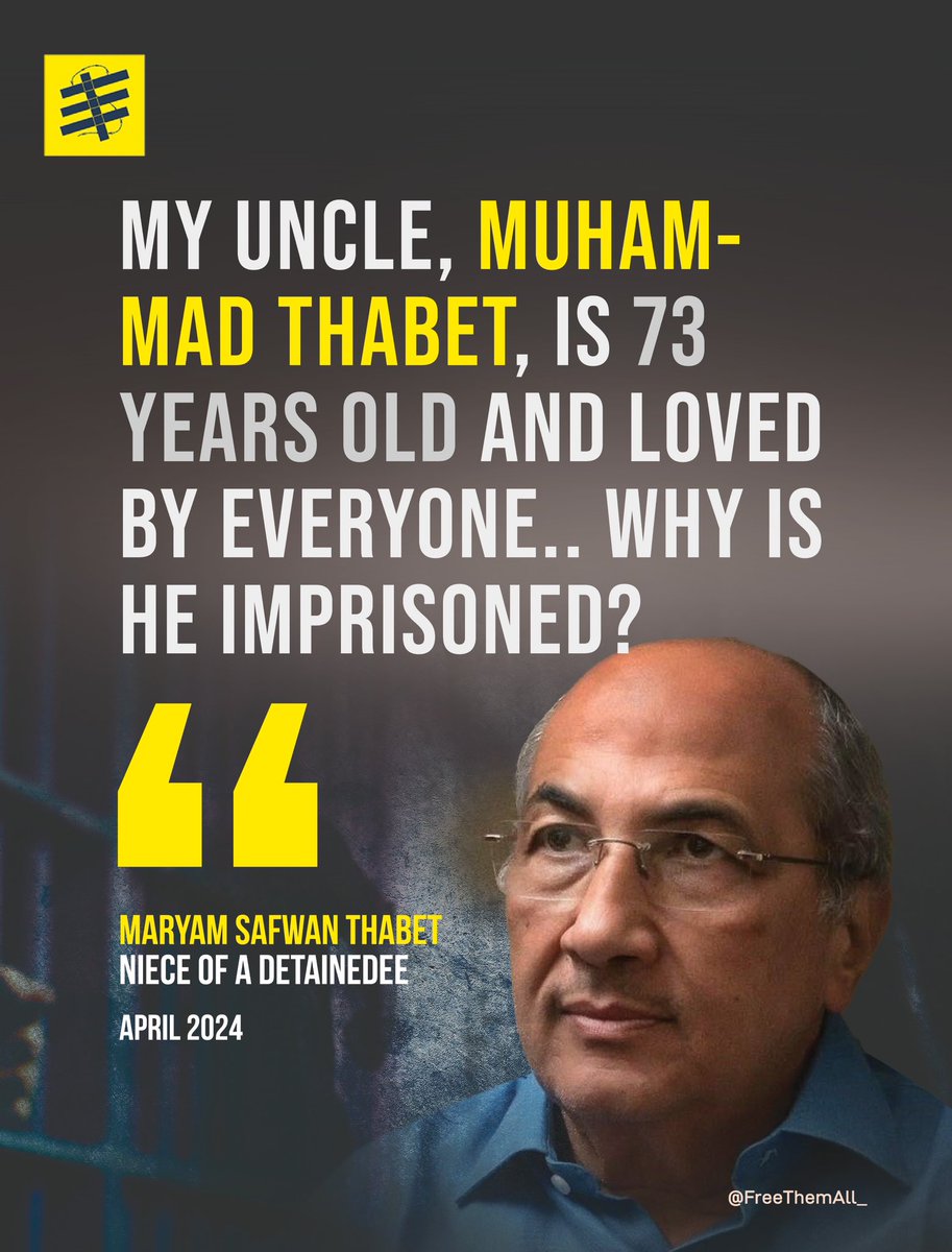 “After my visit to my uncle Muhammad...there are questions that will drive me crazy.”

1: Why is the 73-year-old imprisoned?
2: What will happen if he is released?
3: What does 5 years of pretrial detention mean?

#FreeThemAll 
#Egyptian_hell
@mariamthabet