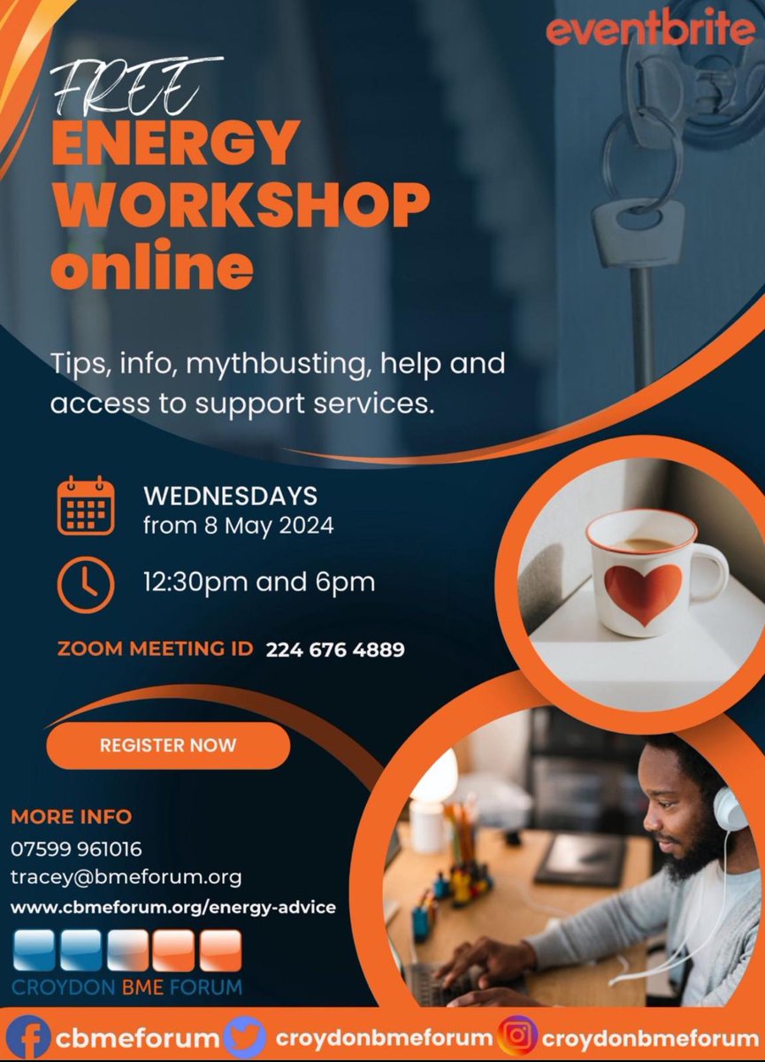 Join us for an exciting online event where you'll learn all about energy, and tips, gather information, mythbusting and help to access support services Date: 8th May 2024 Time: 12:30 - 13:30 OR 18:00 - 19:00 Location: Zoom us06web.zoom.us/j/2246764889 *Meeting ID*: 224 676 4889