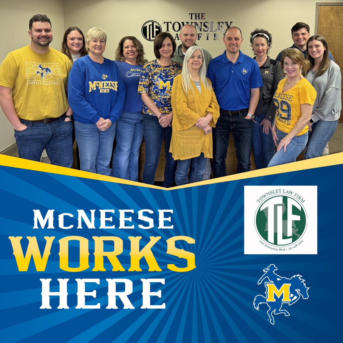 McNeese's tweet photo. It's #McNeeseWorksHere Wednesday! π π Thank you Townsley Law Firm and AMERISAFE, Westlake Corporationand FNBD! Become a Cowboy! https://t.co/uKGPFxzYXn https://t.co/vcC5M8oxCy
