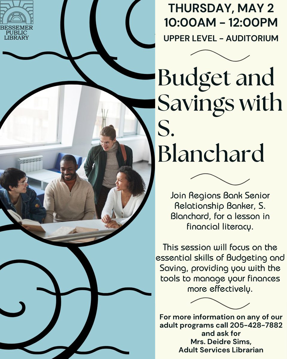 Budget and Savings with S. Blanchard is happening tomorrow @ 10AM! Hope to see you there!

#besslibrary #financialliteracy #financialfreedom #budgeting #savingmoney #libraryprograms