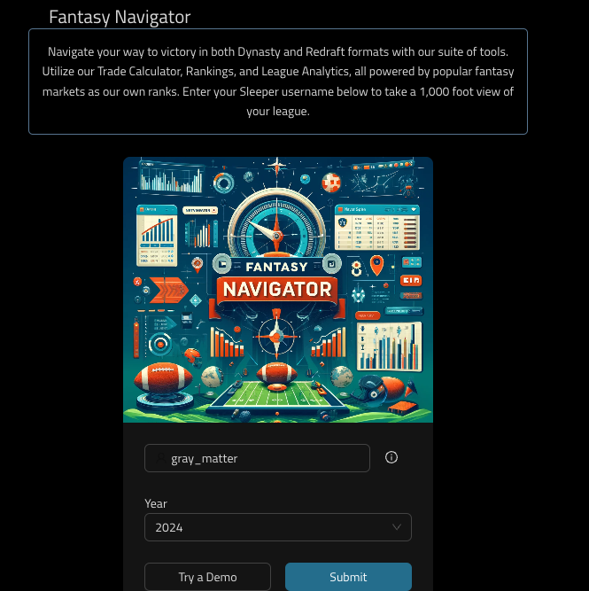 fantasynav1's tweet image. 🚀 Excited to launch Fantasy Navigator, building on DynastySuperflex.com's success! New tools like a trade calculator &amp;amp; detailed analytics enhance your fantasy league management. Dive into the free site now: fantasynavigator.com 🏈 #FantasyFootball