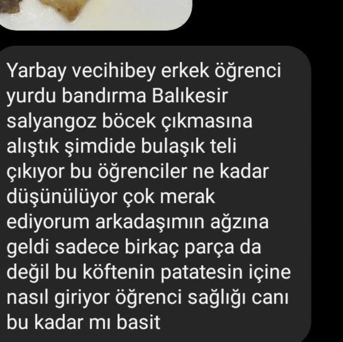 Balıkesir Bandırma bir erkek öğrenci yurdunda yurt yemeğinden bulaşık teli çıkmış. Bakalım daha ilginçlerini görecek miyiz?