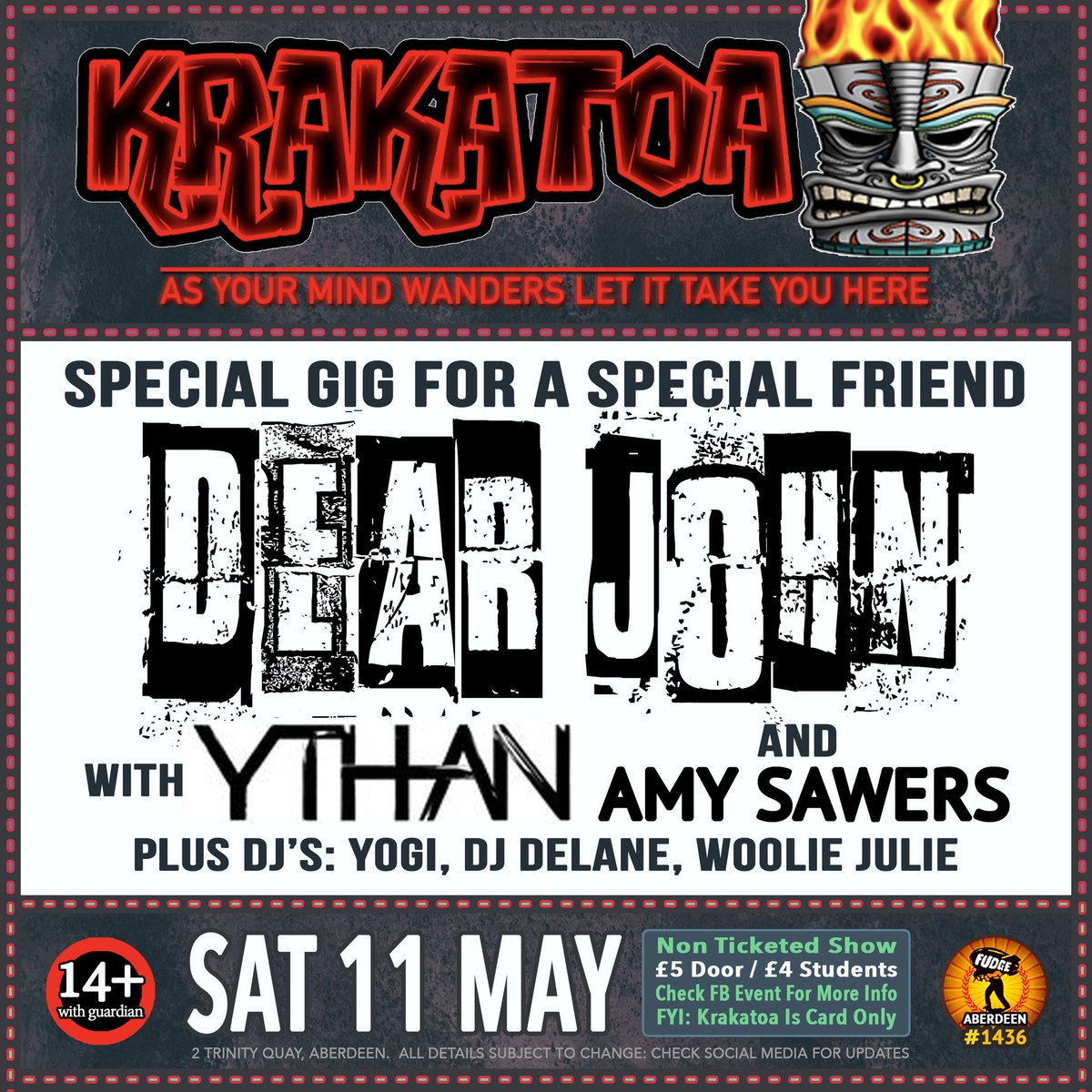 #DEARJOHN 🔥 #YTHAN 🔥 #AMYSAWERS 🔥 #DJYOGI 🔥 #DJDELANE 🔥 #DJWOOLIEJULIE 🔥
#krakatoa #aberdeen #scotland #divebar #notadive #independentvenue #workerowned #CIC #musicvenue #fudgeaberdeen #volcanictiki #asyourmindwanders #tiki #harbourlife #gig #bands #music #live #clubnight