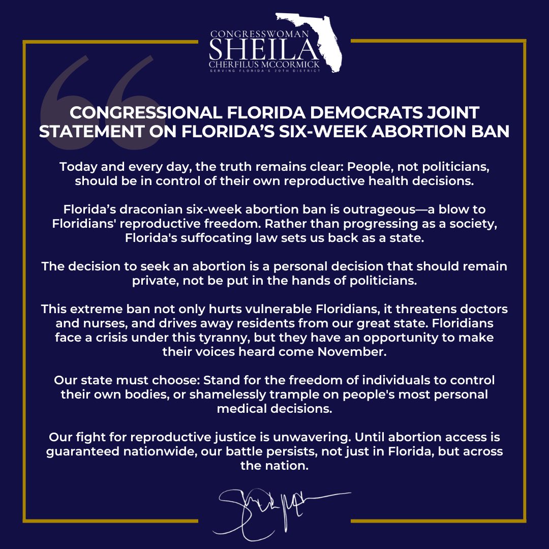 Today and every day, the truth remains clear: People, not politicians, should be in control of their own reproductive health decisions. I am proud to stand united with my fellow Florida Democrats to protect and defend access to reproductive rights. ow.ly/ZUc550RtwN9