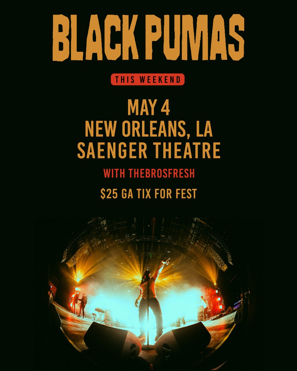 Keep the party going after Fest with $25 GA tickets to Black Pumas! bit.ly/3QnMBle Valid Wed, 5/1 at 9am – Fri, 5/3 at 11:59pm. Offer available online & at box office. Not valid on previously purchased tickets.