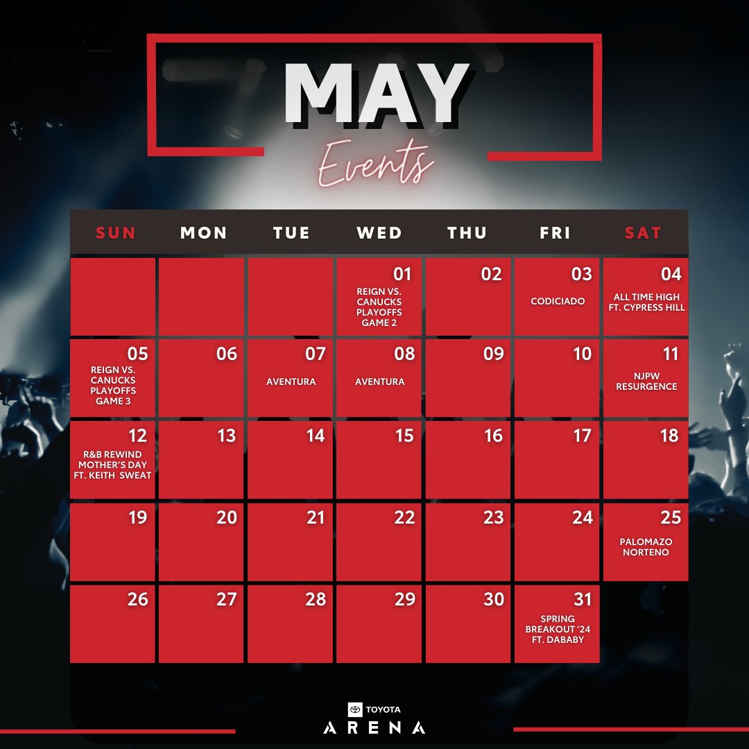 It's gonna be MAY. 😎

📆 5/1 & 5/5 @OntarioReign
📆 5/3 #Codiciado
📆 5/4 #AllTimeHigh ft. @cypresshill
📆 5/7 & 5/8 @Aventura
📆 5/11 @NJPWofAmerica
📆 5/12 #RNBRewind ft. #KeithSweat
📆 5/25 #PalomazoNorteno
📆 5/31 #SpringBreakout ft. @DaBabyDaBaby

🎫 TOYOTA-ARENA.COM