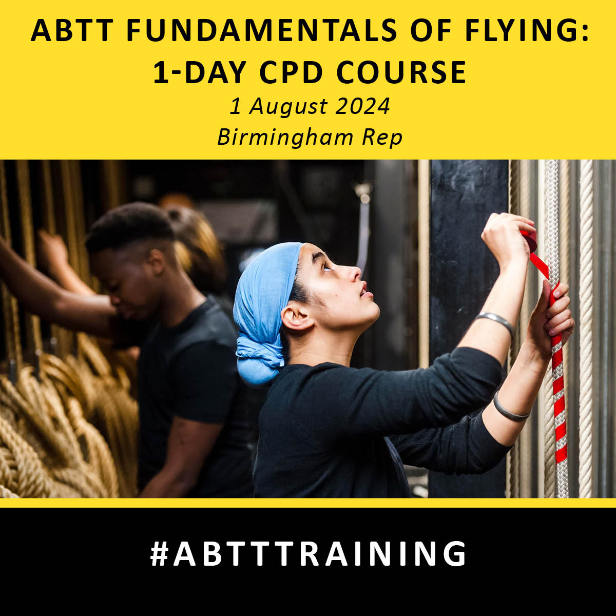 NOW BOOKING- One-day CPD Course: ABTT Fundamentals of Flying - Birmingham Rep - 1st August, 2024.

The course covers the safe handling of counterweight sets & hemp, knots in practice, & many other methods of hanging.

Book here now: abtt.org.uk/events/one-day…

#ABTTTraining