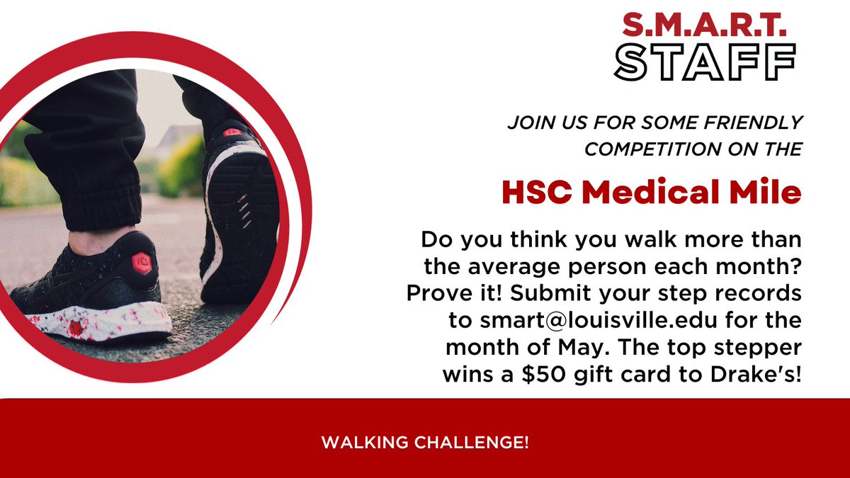 Join the walking challenge! 👟 S.M.A.R.T. Staff urges ULSOM Staff to step up this month. Top steppers could win a $50 Drake's gift card! Share your daily steps by tagging us or emailing smart@louisville.edu. Let's track progress together and get moving outdoors! 🚶‍♂️🌳