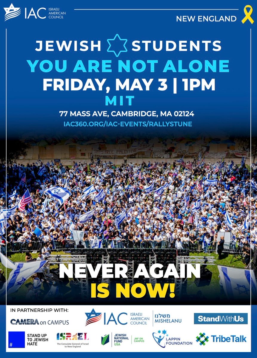 In 2 days (May 3, 1 pm): Learnt that the New England Jewish Community will stand with @MIT Jewish students in large campus support event! These students have suffered repeated antisemite harassment & hostile campus, enabled by morally dysfunctional leaders! Spread the word!